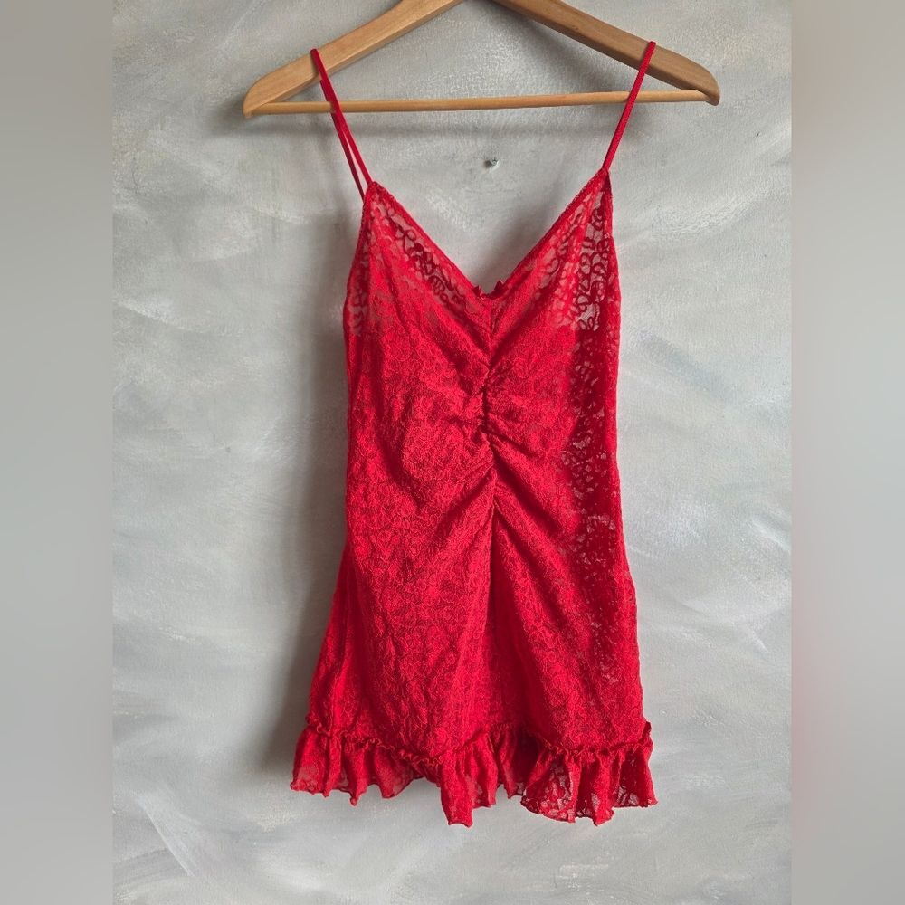 Vtg Victorias Secret Red Full Lace Sheer Slip Mini Dress Lingerie Sz S The Lacie